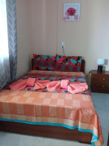 1 dormitorio con 1 cama con sábanas de color rosa y naranja en Teo's House 1, en Kalambaka