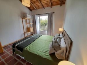 a bedroom with a green bed with a window at Complejo Dulcería El Cazador y cabañas in Tandil