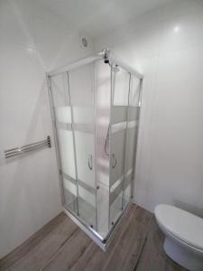 y baño con ducha de cristal y aseo. en My beach's Apartments Nascente, en Nazaré