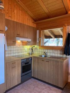 a kitchen with wooden cabinets and a sink and a stove at Grindelwald-Sunneblick in Grindelwald