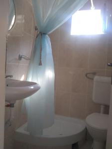 ein Badezimmer mit einem Waschbecken, einem WC und einem Duschvorhang in der Unterkunft Gospava Apartman in Igalo
