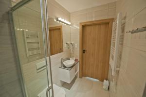 uma casa de banho com um chuveiro, um WC e um lavatório. em Kapitanka Apartamenty em Okuninka