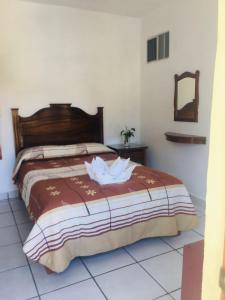a bedroom with a bed and a mirror on the wall at HOTEL CAMELINAS AREA BLANCA in Pátzcuaro