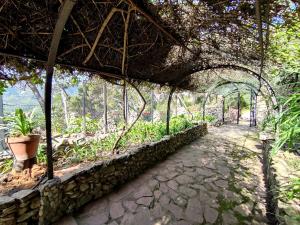 une serre avec un chemin en pierre dans un jardin dans l'établissement Aragonite Azzurra Casa Vacanza, à Gonnesa