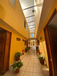 an empty hallway in a building with potted plants at HOTEL CAMELINAS AREA BLANCA in Pátzcuaro