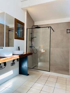 a bathroom with a glass shower and a sink at Splendide villa 10p./4 suites/piscine/clim/paysage in Bargemon