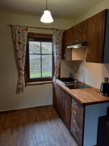 a kitchen with a sink and a window at Zagroda Miodowa agroturystyka w Bieszczadach in Komańcza