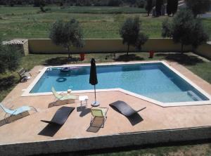 basen z krzesłami, stołem i parasolem w obiekcie Loue Studio dans une villa avec piscine terrasse w mieście Saint-Théodorit