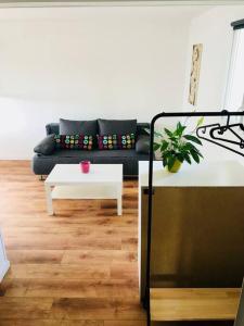 salon z kanapą i stołem w obiekcie Loue Studio dans une villa avec piscine terrasse w mieście Saint-Théodorit
