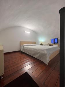 una camera da letto con un letto e una TV su un pavimento in legno di House Casa a Napoli