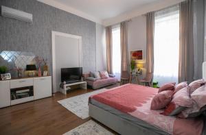 1 dormitorio con 1 cama y TV. en Casa Larisa, en Arad