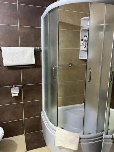 y baño con ducha y puerta de cristal. en Apartment Idea en Novi Pazar