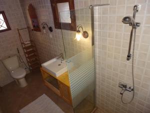 Villa Denise - île de Gorée في غوري: حمام مع دش مع حوض ومرحاض