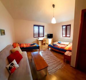 uma sala de estar com duas camas e um sofá em Relax Mariánka em Betlanovce