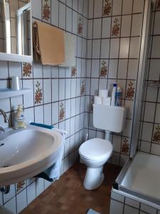 y baño con aseo blanco y lavamanos. en Haus Edelweiß, en Unterwossen