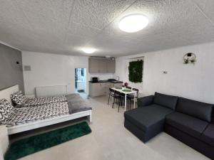 een woonkamer met een bank en een tafel bij Apartament DADA in Sighişoara