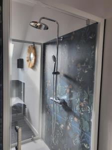 y baño con ducha y puerta de cristal. en Charmante maison près du canal, en Tinténiac