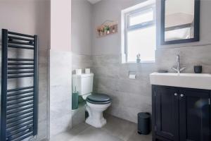a bathroom with a toilet and a sink and a window at Impressive Apartment in Derby in Derby