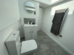 a bathroom with a toilet and a sink and a mirror at Lovely New Decor Studio - 4 The Southwell in London