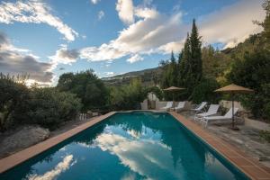a pool with chairs and umbrellas in a yard at Cortijo La Viñuela in Atalbéitar