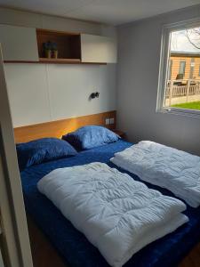 two twin beds in a room with a window at Bj Chalets - De Rug 3 - Vakantiepark Lauwersoog - Luxe kindvriendelijke chalet MET vaatwasser en inloopkast! Vroege incheck! in Lauwersoog