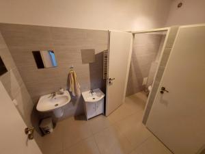 La salle de bains est pourvue d'un lavabo, de toilettes et d'une douche. dans l'établissement Galeria Kolorów - Apartament with a garden, à Łódź