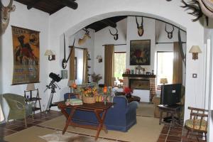 Casa do Pinheiro في ألكاسير دو سال: غرفة معيشة مع أريكة زرقاء وطاولة