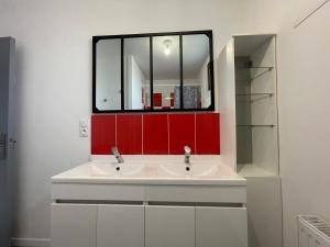 un bagno con lavandino e specchio di Grand appartement en vallée de la loire a Gennes