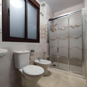 uma casa de banho com um WC e um chuveiro em HOTEL NUEVO ESPARTINAS em Espartinas