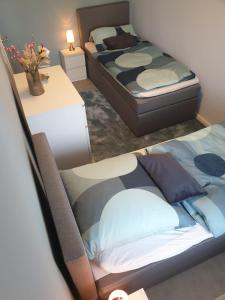 a bedroom with two beds and a table with a lamp at Apartment am Hochwald in Reinhardtsdorf