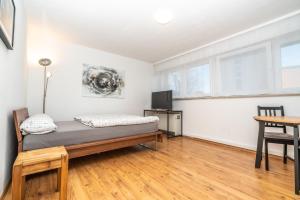 una camera con letto, tavolo e TV di Apartment und WG-Doppelzimmer Sonnenhalde a Tubinga