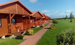 a row of wooden cabins are lined up in a field at Zielona Polana 