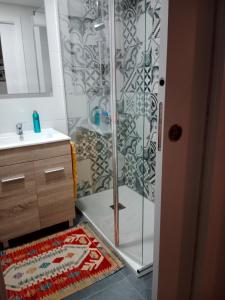 a shower with a glass door in a bathroom at Suite Lay in Zaragoza