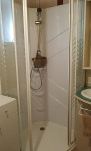 La petite salle de bains est pourvue d'une douche et d'un lavabo. dans l'établissement Beach house à Marina di Sorbo …Corse, à Sorbo-Ocagnano