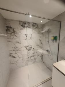 een badkamer met een douche en een wastafel bij Belgrade Waterfront - Beograd na vodi in Belgrado