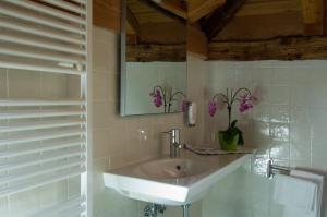 a bathroom with a sink and a mirror and flowers at Locanda Tana de 'l Ors in Val di Zoldo