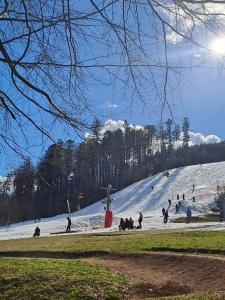 a group of people skiing down a snow covered slope at Chata Štíty in Štíty