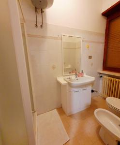 a white bathroom with a sink and a mirror at Fiori e Frutti - Appartamento Economy in Almese