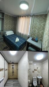 two pictures of a room with a bed and a bathroom at Fam_House in Bishkek