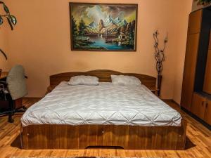 a bed in a room with a painting on the wall at Pensiunea Brezu in Sighetu Marmaţiei