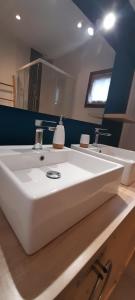 een badkamer met een witte wastafel en 2 wastafels bij Chalet de l'Ours Brun, gîte 3 étoiles in Gère-Belesten