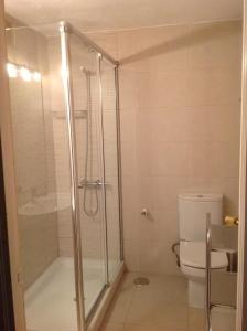 a bathroom with a shower and a toilet at Bungalow Maspalomas in Maspalomas