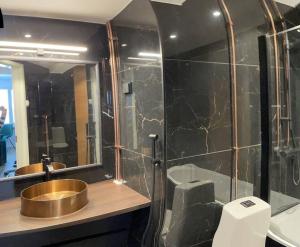 ein Bad mit einer Dusche, einem Waschbecken und einem WC in der Unterkunft The Park House Suite, Jakobstad in Pietarsaari