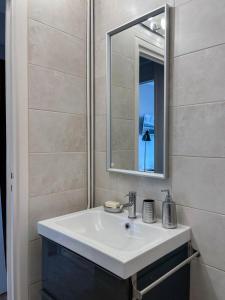 ein Badezimmer mit einem weißen Waschbecken und einem Spiegel in der Unterkunft Le Perrot - Chavant / Centre-ville in Grenoble