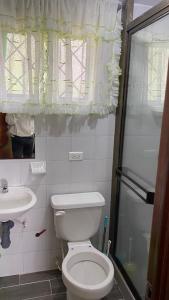 a bathroom with a toilet and a sink and a window at CABAÑA LA MONTAÑA in San Antonio del Tequendama