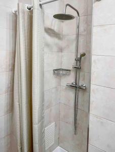 eine Dusche mit Glastür und Duschvorhang in der Unterkunft Le Perrot - Chavant / Centre-ville in Grenoble