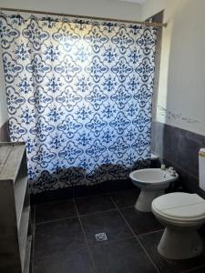 een badkamer met een toilet en blauw en wit behang bij Punta Sur - Dique Cabra Corral in Cabra Corral