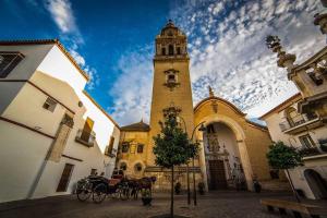 a horse drawn carriage in front of a building with a tower at APARTAMENTOS TRES SOLES in Écija