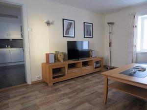 un soggiorno con TV su un centro di intrattenimento in legno di Charming house by the sea, Lofoten! a Laupstad