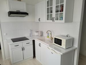 シュチェチンにあるApartamenty Przygodna Parkの白いキッチン(電子レンジ、シンク付)